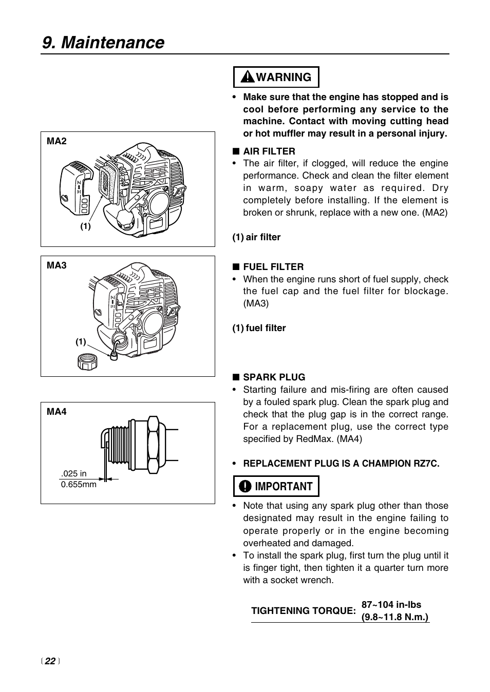 Maintenance | RedMax BCZ3000SW User Manual | Page 22 / 40