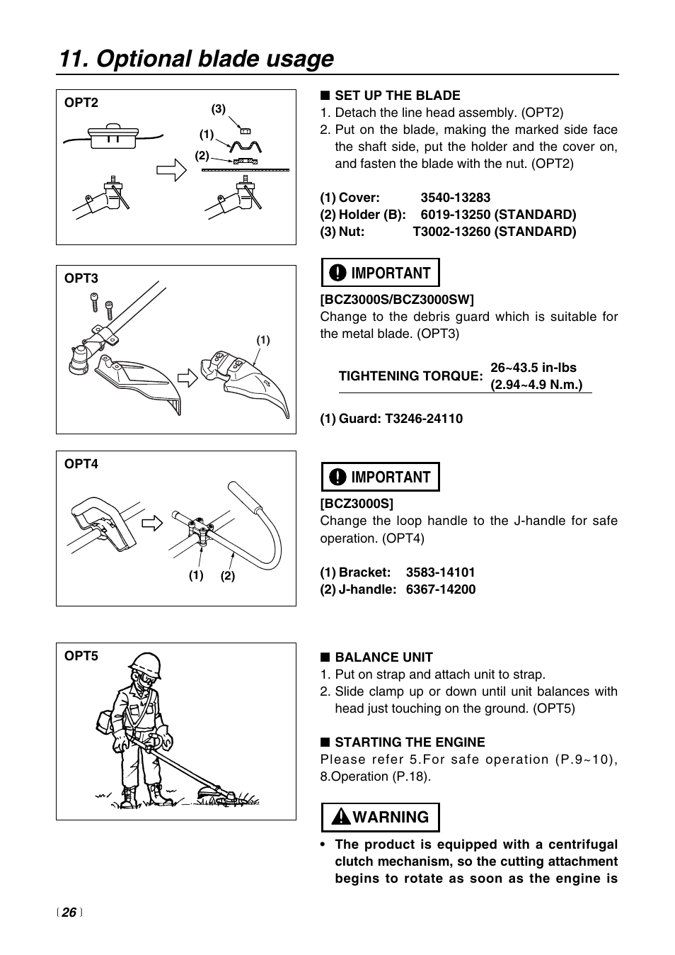 Optional blade usage, Warning important important | RedMax BCZ3000SW User Manual | Page 26 / 40