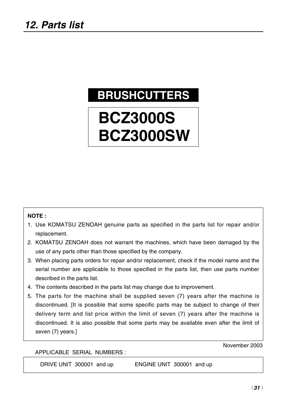 Brushcutters, Parts list | RedMax BCZ3000SW User Manual | Page 31 / 40