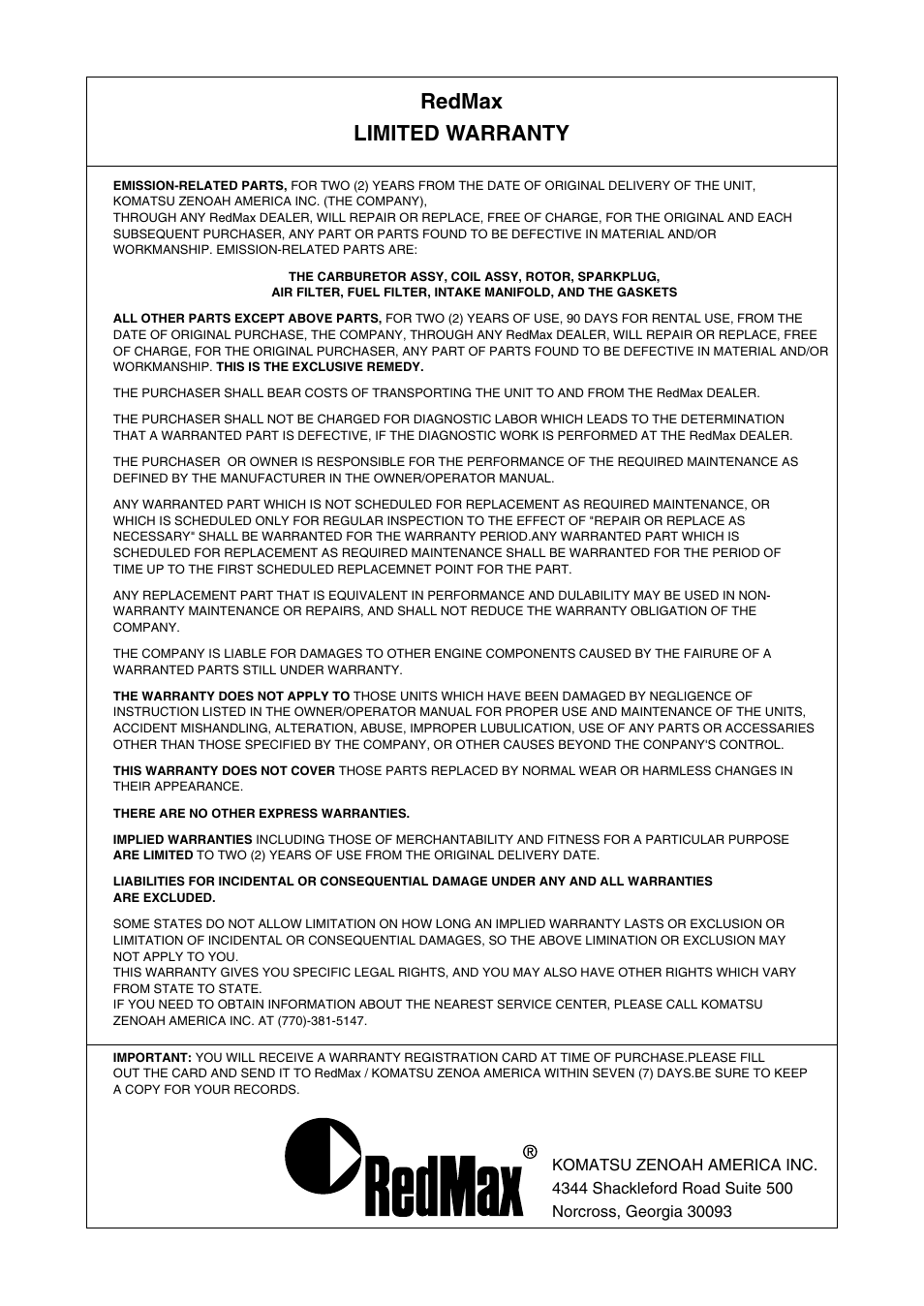 Redmax limited warranty | RedMax BCZ3000SW User Manual | Page 39 / 40