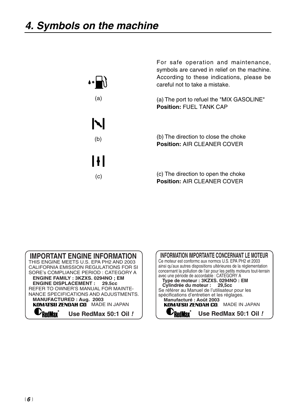 Symbols on the machine, Important engine information | RedMax BCZ3000SW User Manual | Page 6 / 40