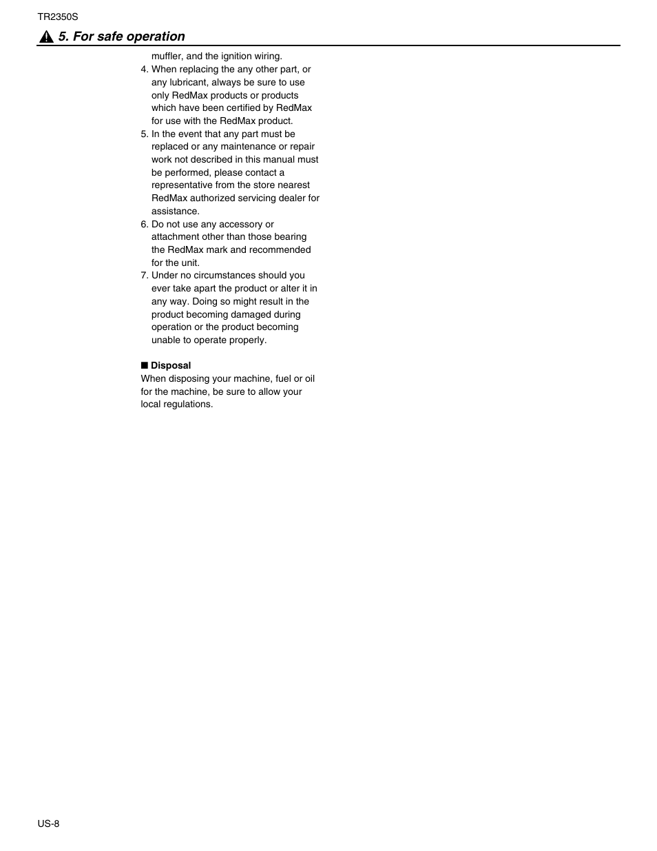 For safe operation | RedMax TR2350S User Manual | Page 10 / 72