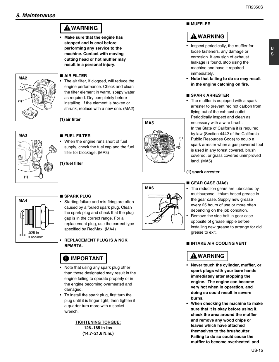 Warning, Important warning, Maintenance | RedMax TR2350S User Manual | Page 17 / 72