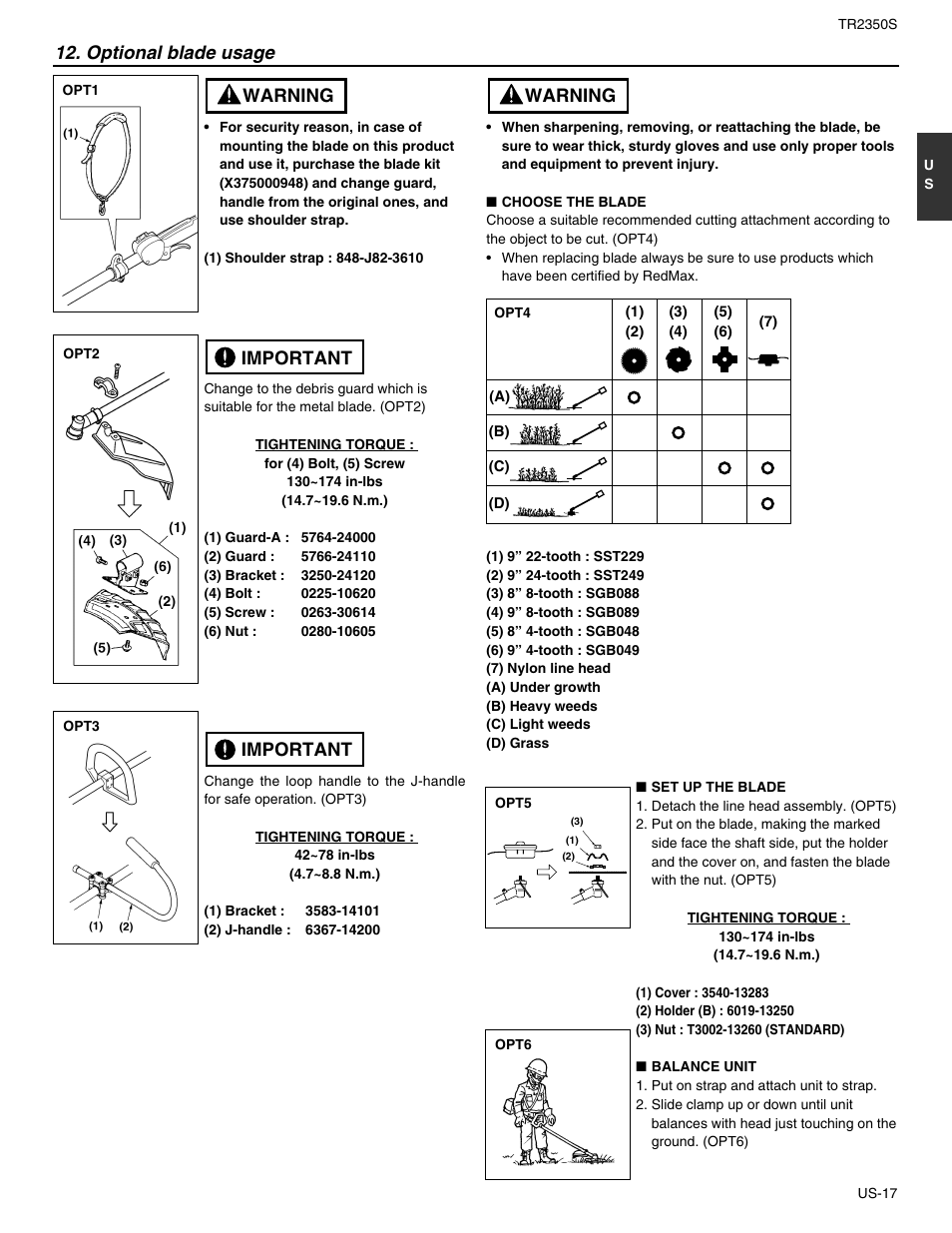 Warning, Optional blade usage, Important | Important warning | RedMax TR2350S User Manual | Page 19 / 72