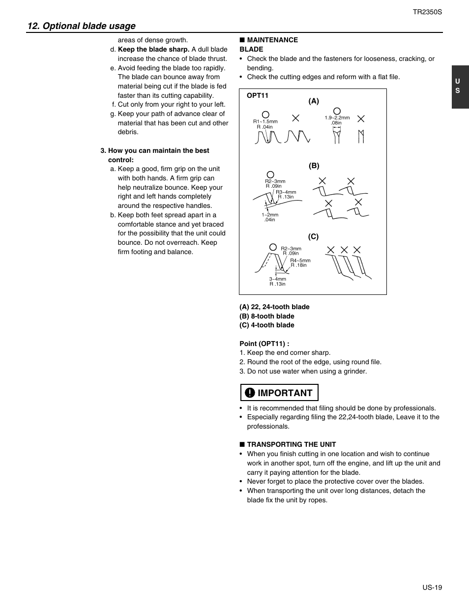 Important, Optional blade usage | RedMax TR2350S User Manual | Page 21 / 72