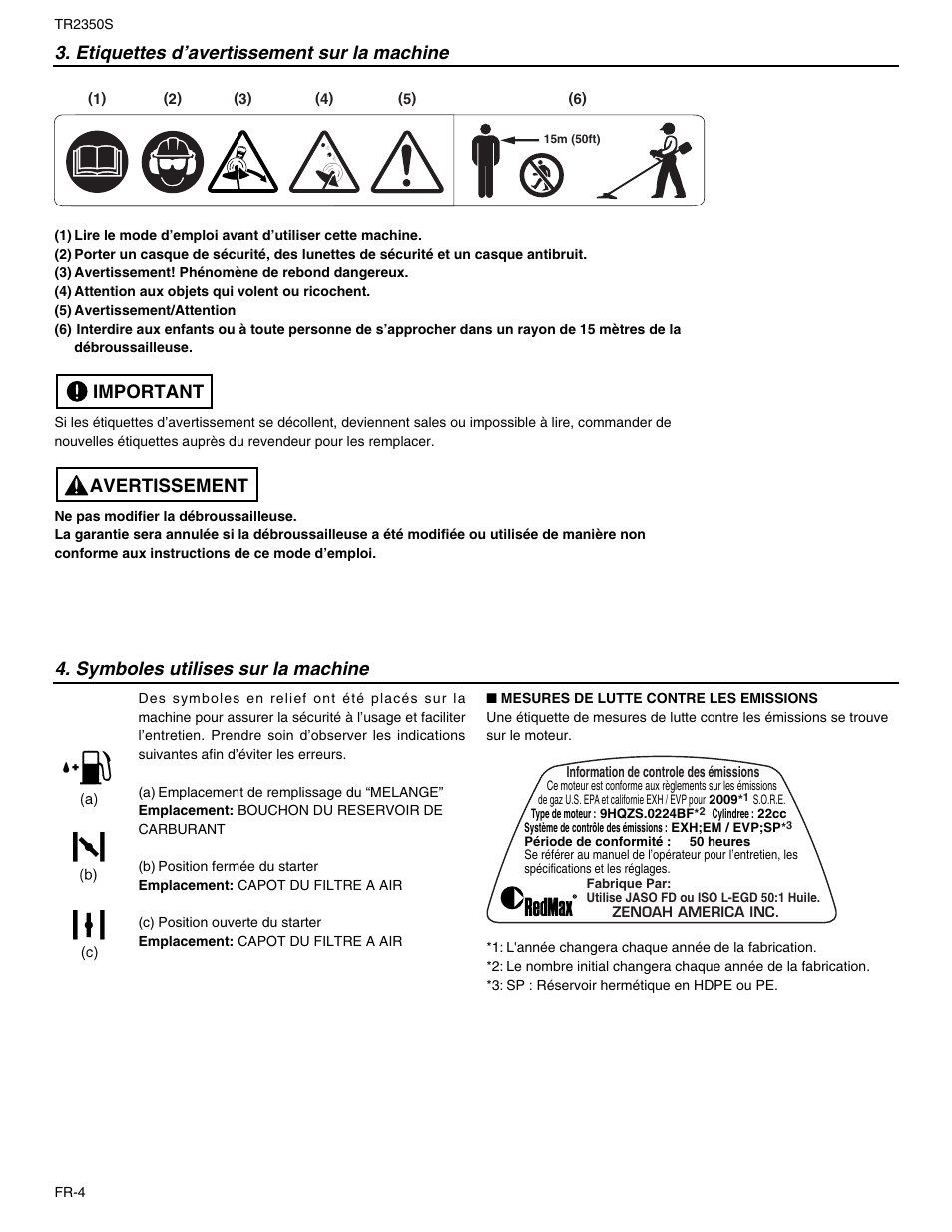 Etiquettes d’avertissement sur la machine, Avertissement important, Symboles utilises sur la machine | RedMax TR2350S User Manual | Page 28 / 72