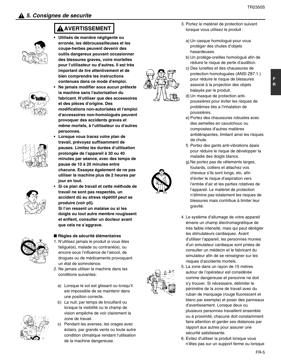 Avertissement 5. consignes de securite | RedMax TR2350S User Manual | Page 29 / 72