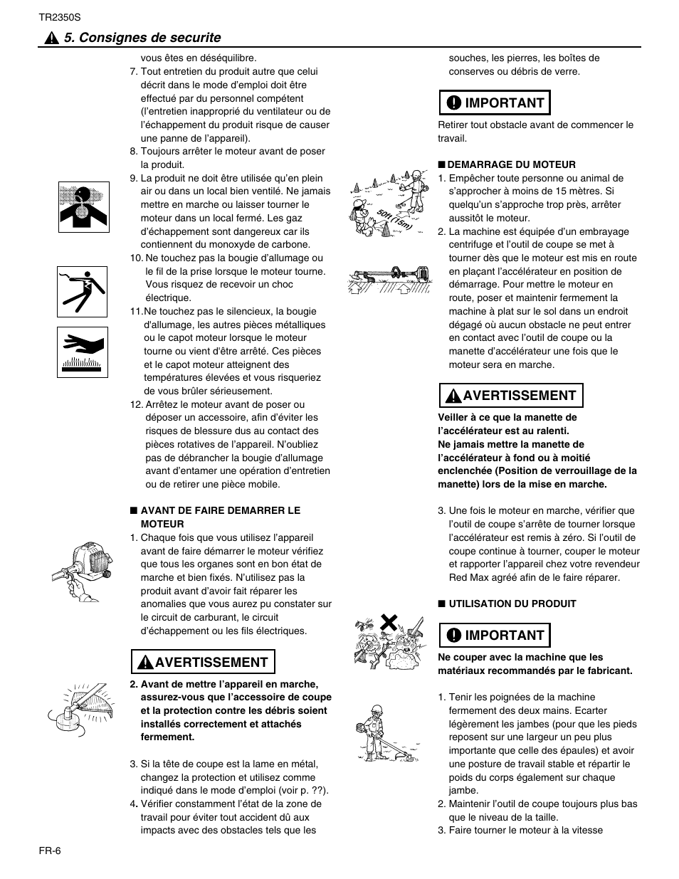 Avertissement 5. consignes de securite, Important avertissement important | RedMax TR2350S User Manual | Page 30 / 72