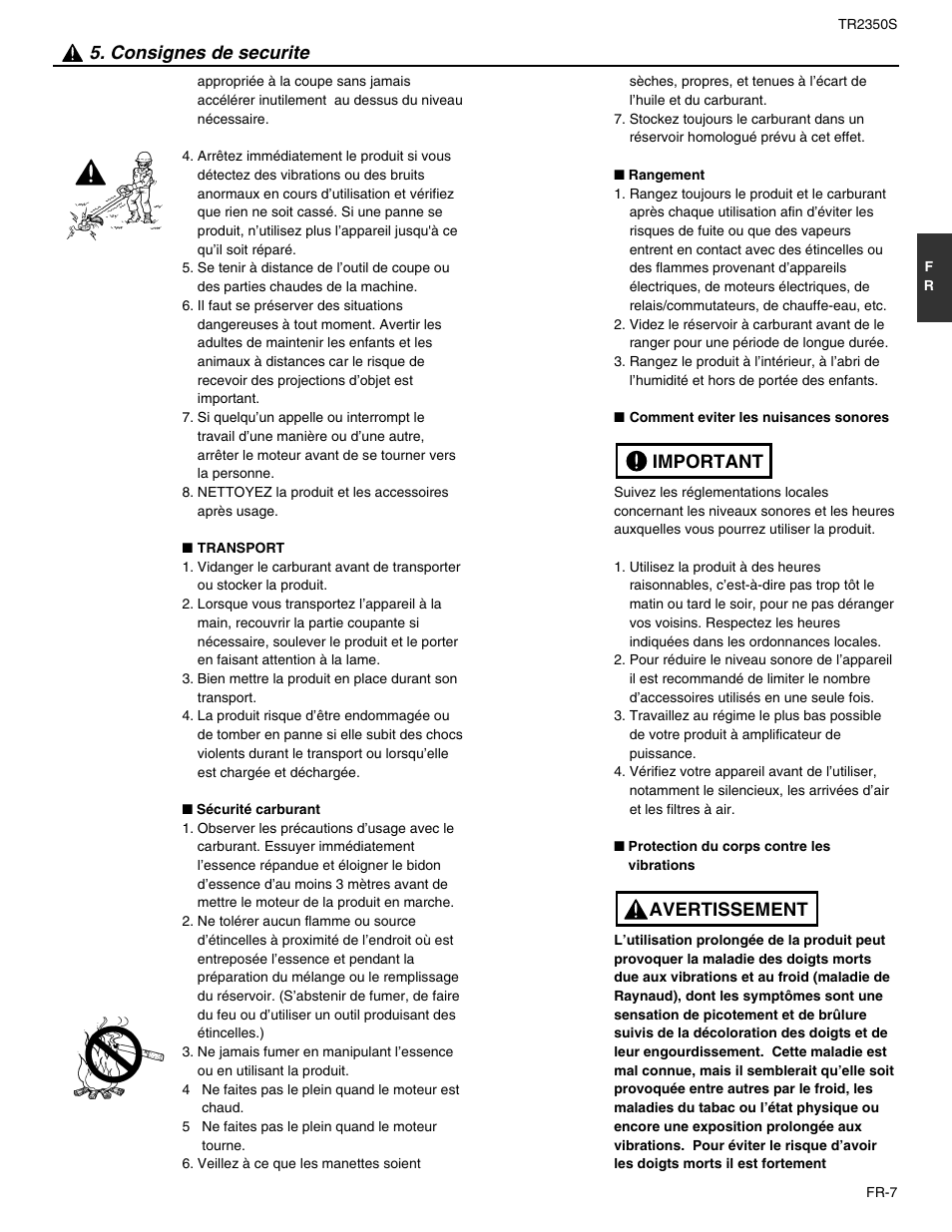 Consignes de securite, Avertissement important | RedMax TR2350S User Manual | Page 31 / 72