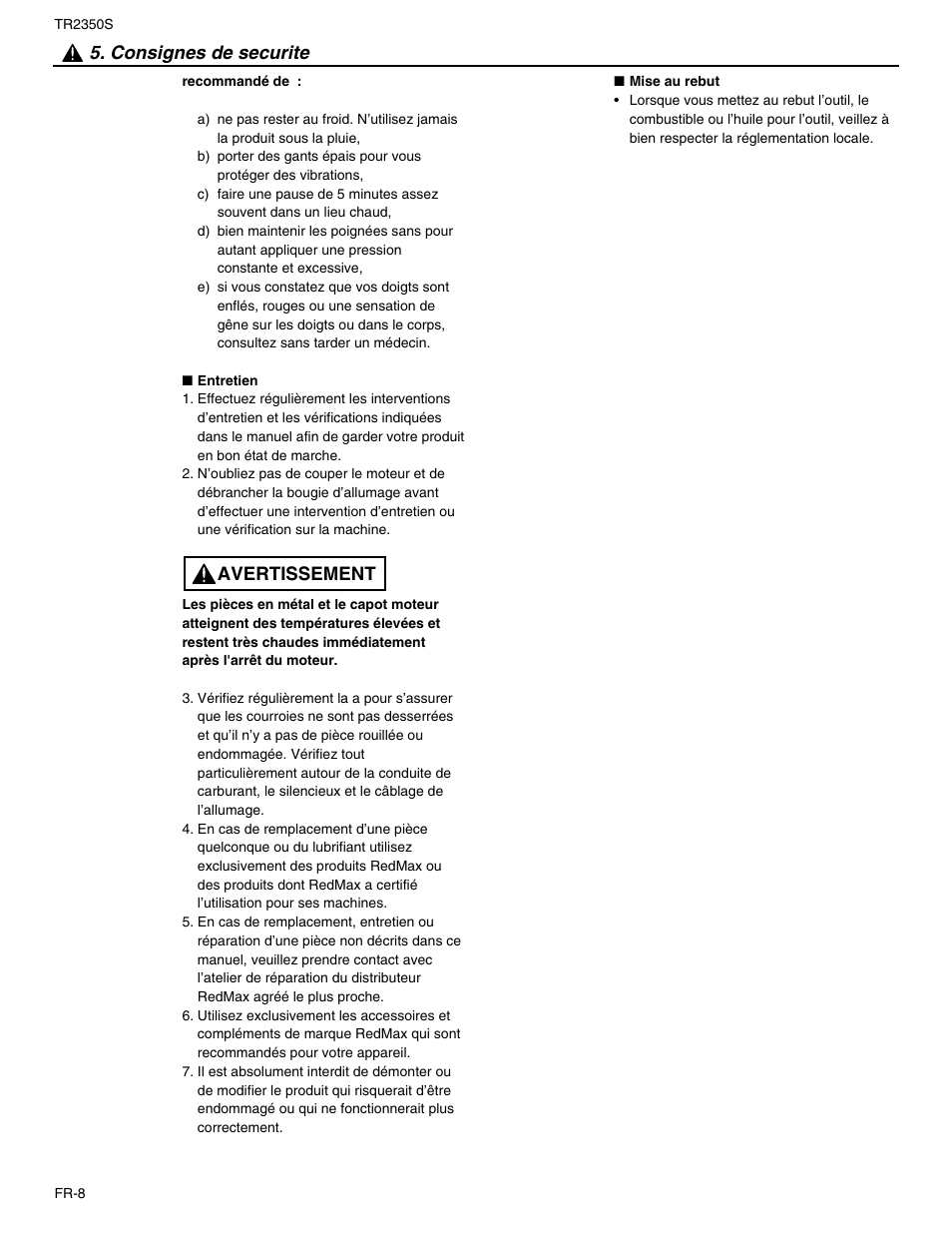 Consignes de securite, Avertissement | RedMax TR2350S User Manual | Page 32 / 72