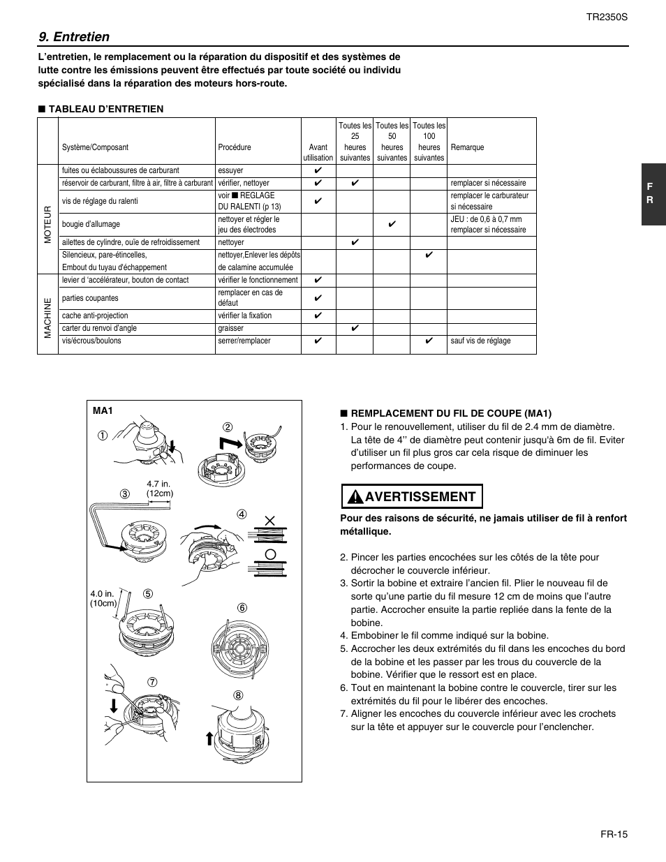 Entretien, Avertissement | RedMax TR2350S User Manual | Page 39 / 72