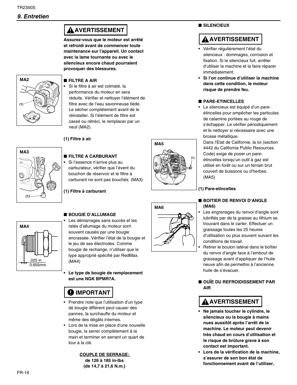 Important avertissement 9. entretien, Avertissement | RedMax TR2350S User Manual | Page 40 / 72