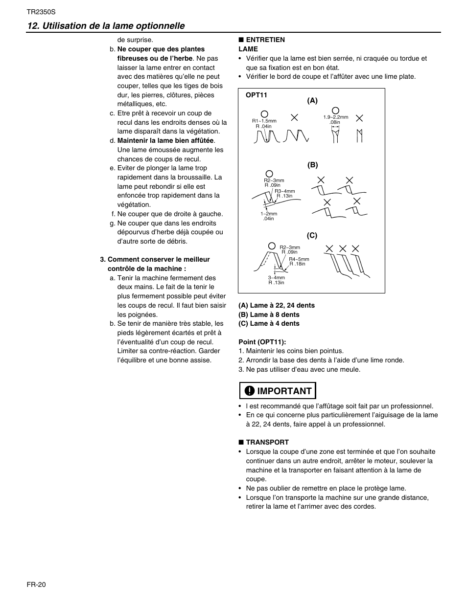 Utilisation de la lame optionnelle, Important | RedMax TR2350S User Manual | Page 44 / 72