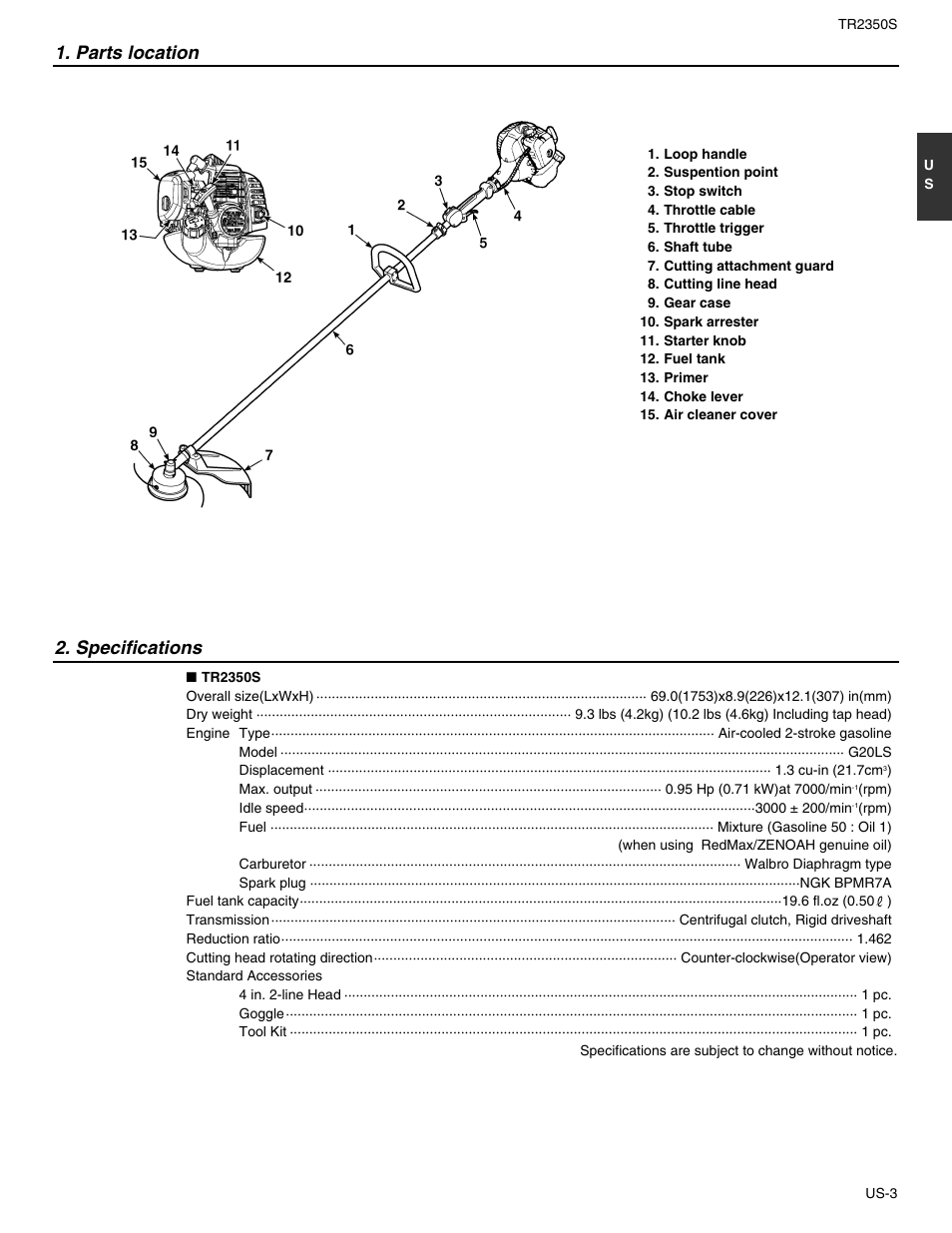 Parts location, Specifications | RedMax TR2350S User Manual | Page 5 / 72