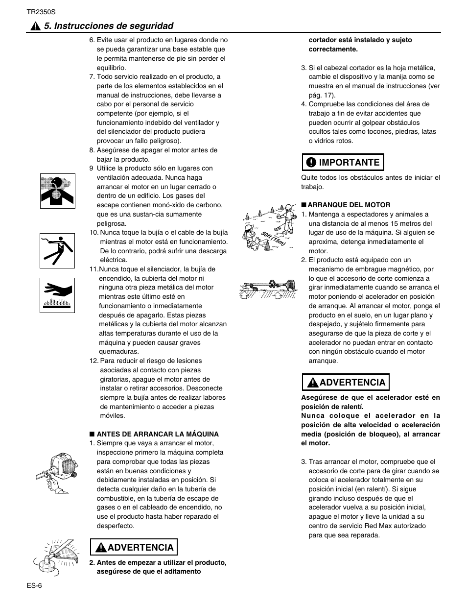 Advertencia 5. instrucciones de seguridad, Advertencia importante | RedMax TR2350S User Manual | Page 52 / 72