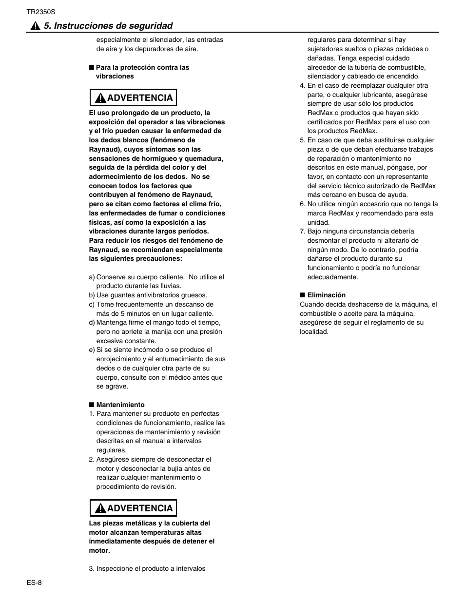 Instrucciones de seguridad, Advertencia | RedMax TR2350S User Manual | Page 54 / 72