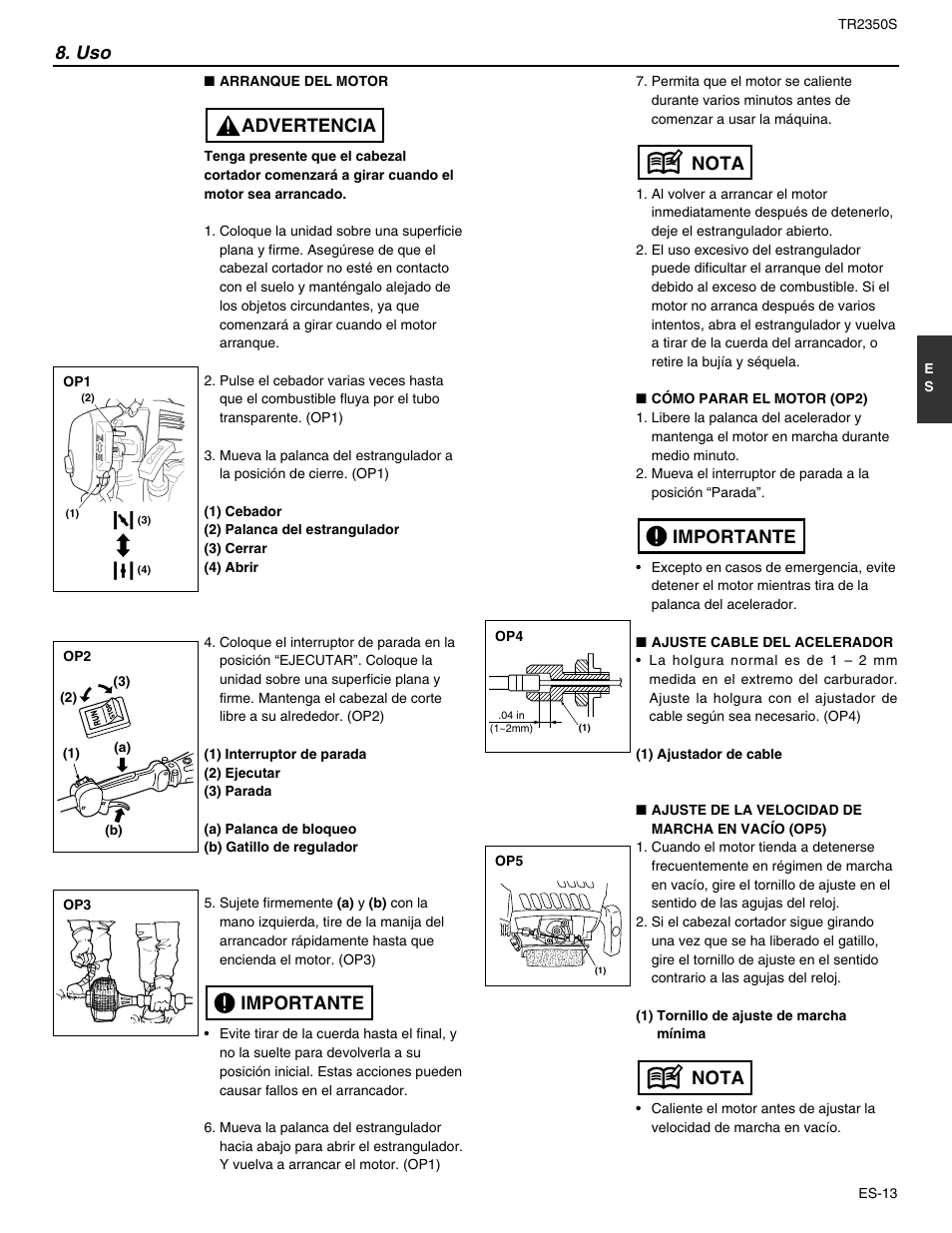 Nota importante nota 8. uso, Importante advertencia | RedMax TR2350S User Manual | Page 59 / 72