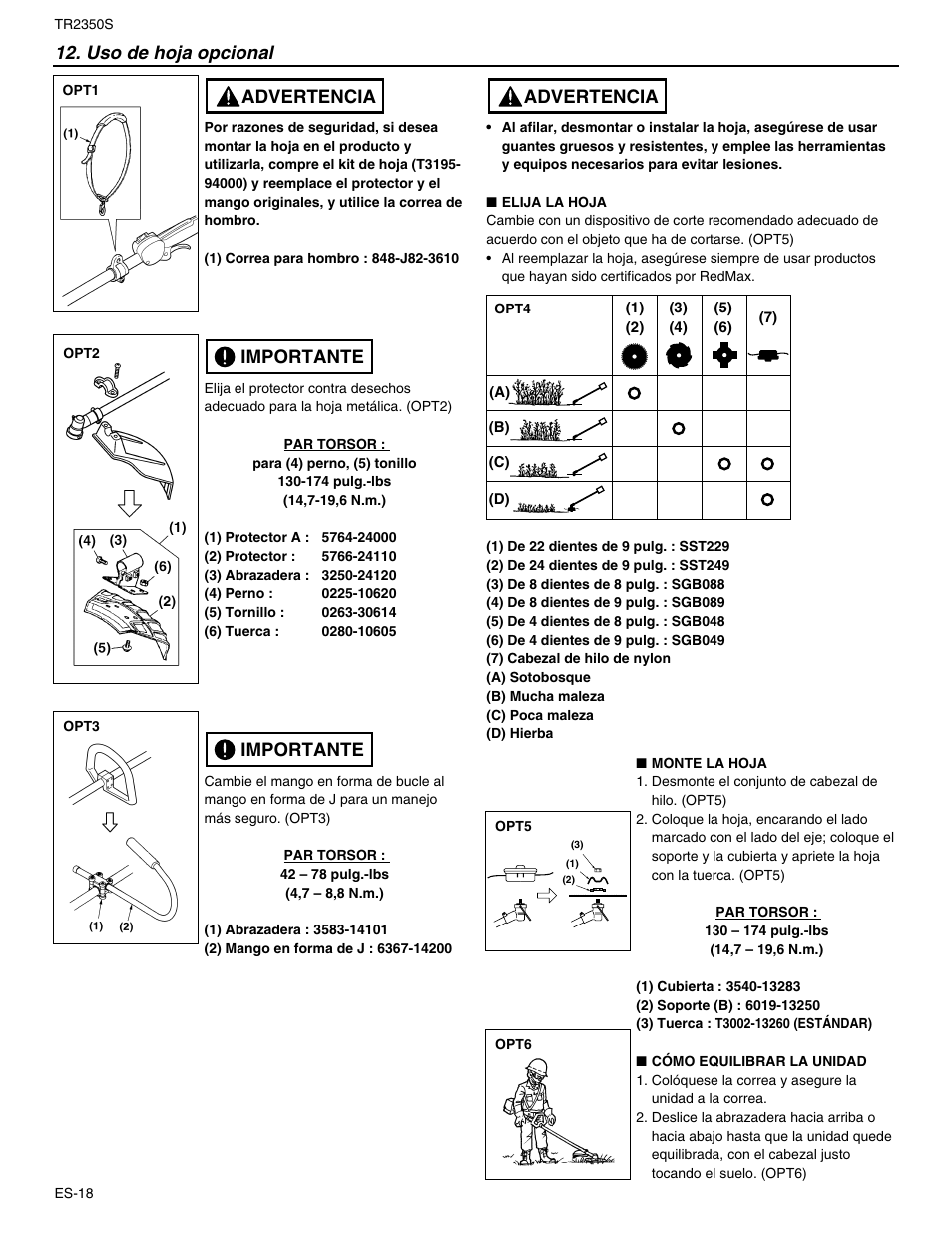 Advertencia 12. uso de hoja opcional, Importante, Importante advertencia | RedMax TR2350S User Manual | Page 64 / 72