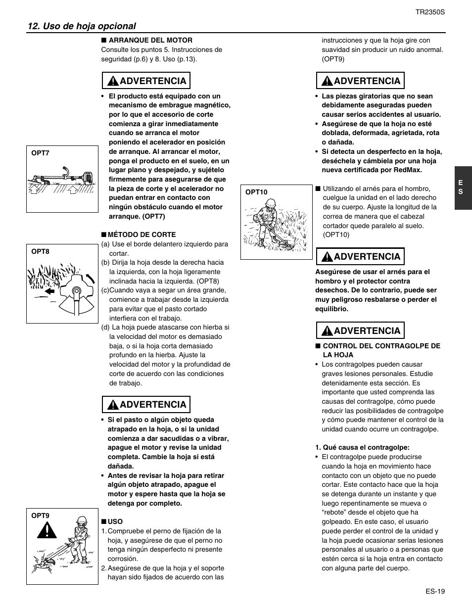 Advertencia, Advertencia 12. uso de hoja opcional | RedMax TR2350S User Manual | Page 65 / 72