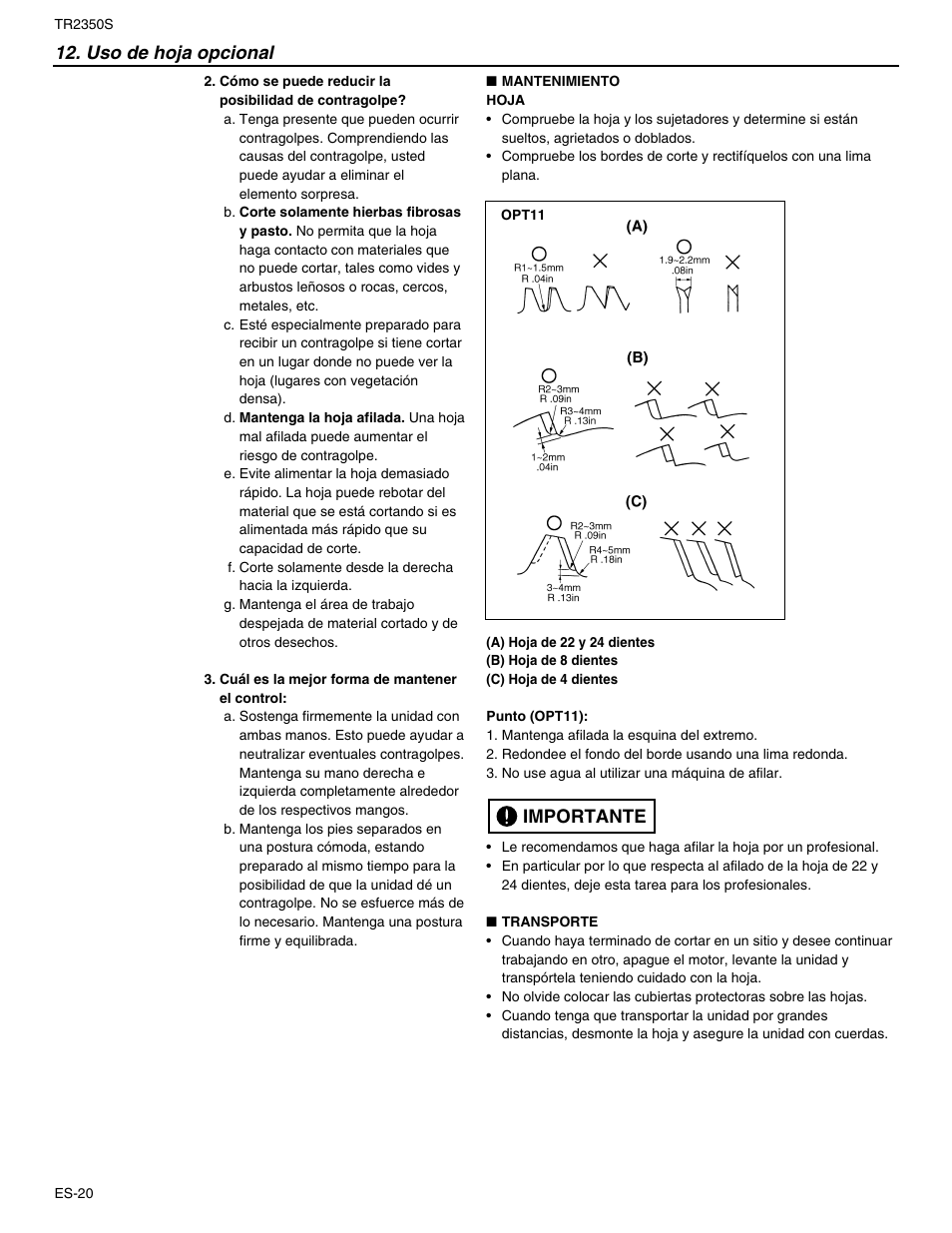 Uso de hoja opcional, Importante | RedMax TR2350S User Manual | Page 66 / 72