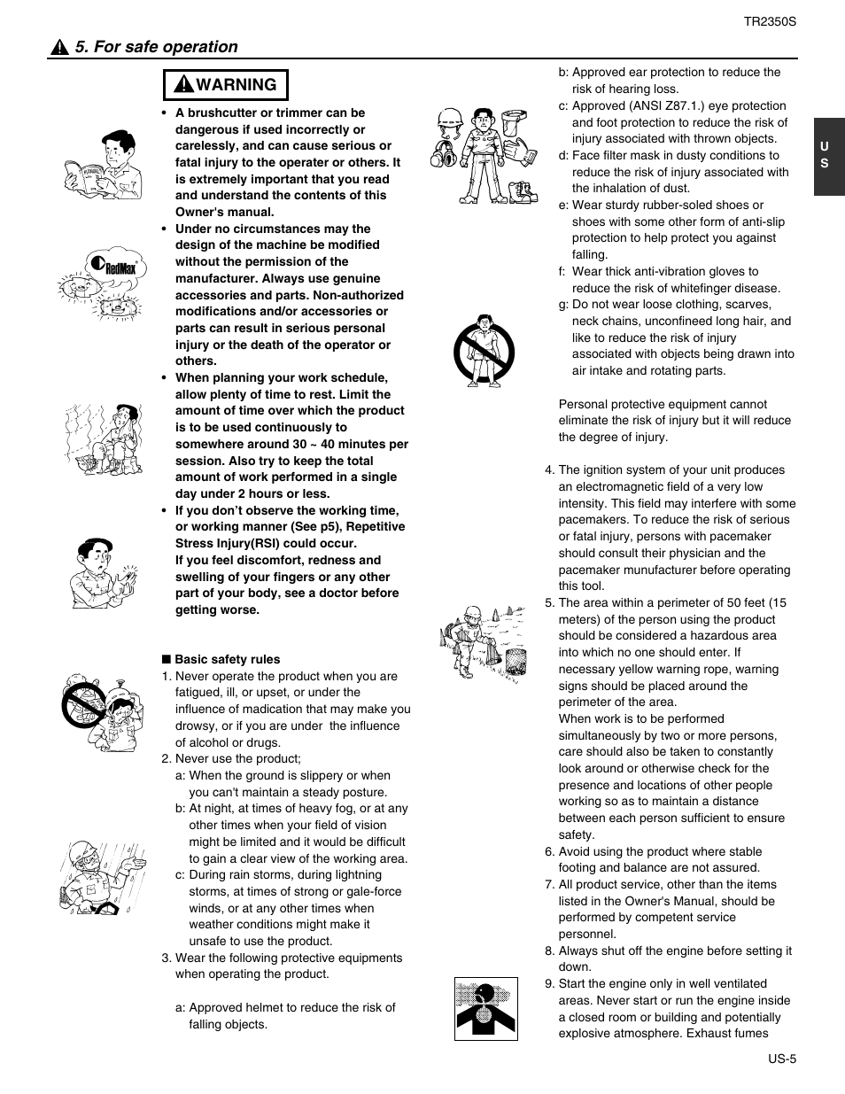 Warning 5. for safe operation | RedMax TR2350S User Manual | Page 7 / 72