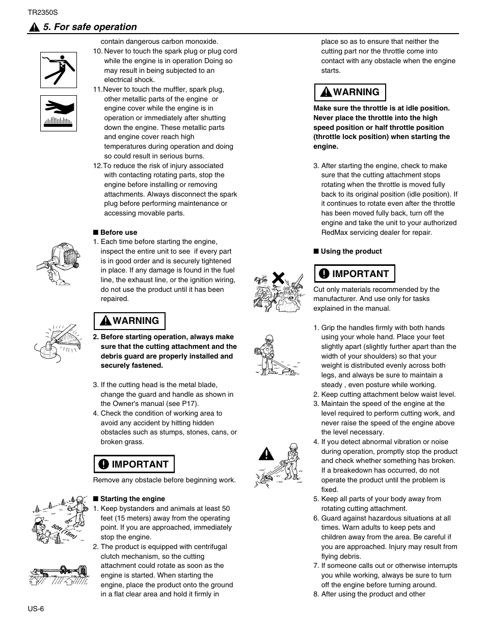 Important warning 5. for safe operation, Important warning | RedMax TR2350S User Manual | Page 8 / 72