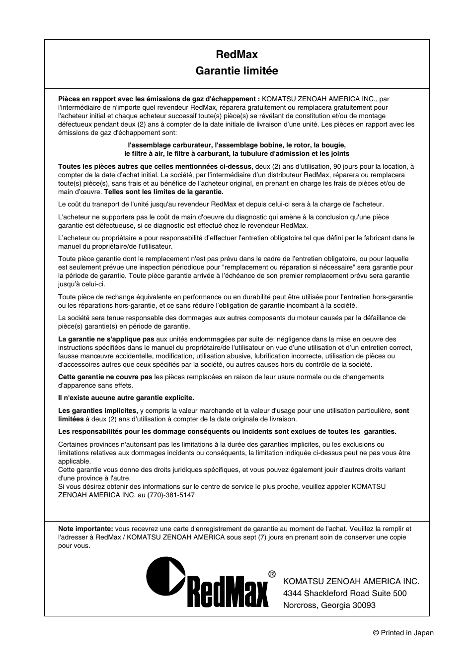 Redmax garantie limitée | RedMax LRTZ2500 User Manual | Page 32 / 32