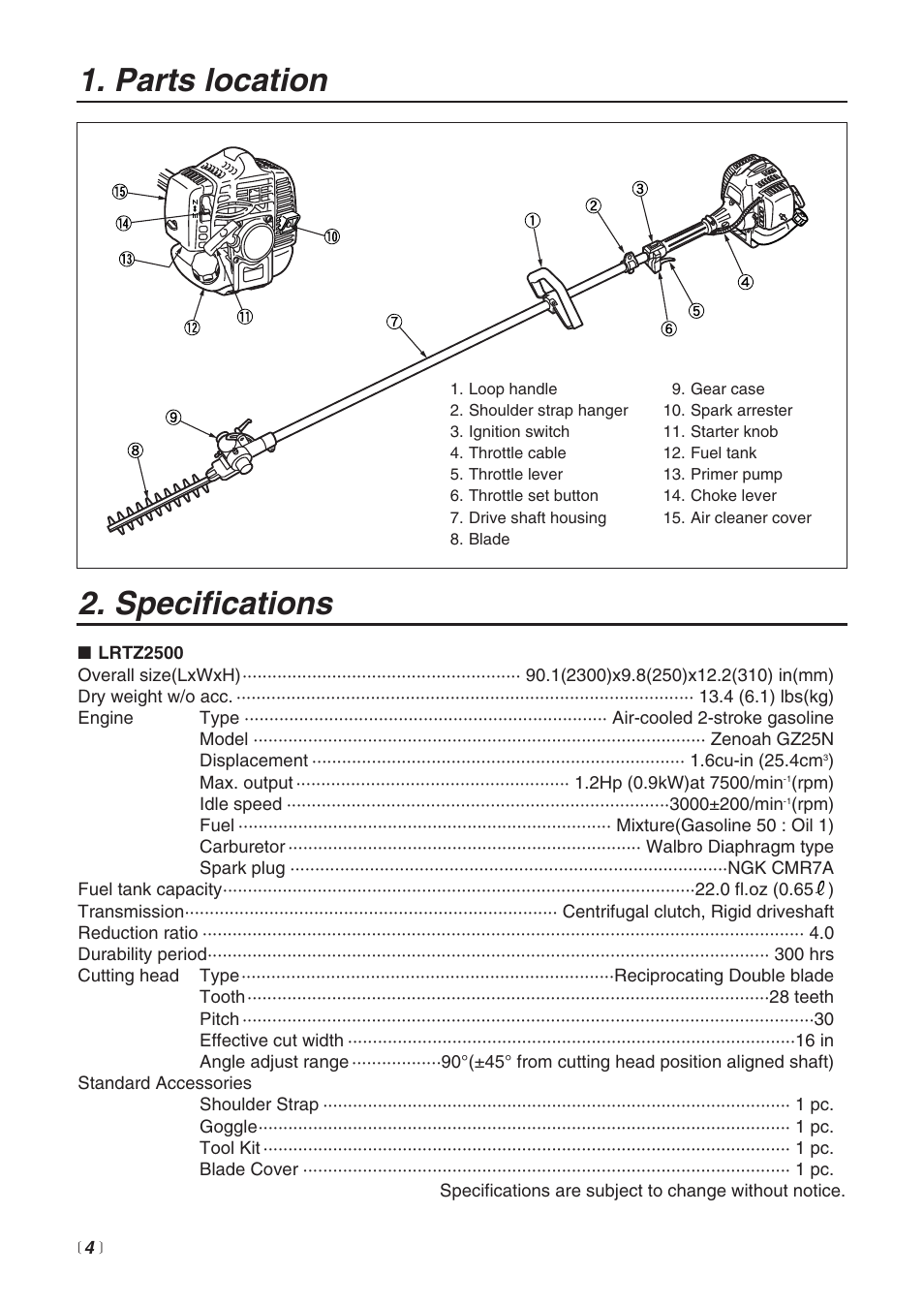 Specifications, Parts location | RedMax LRTZ2500 User Manual | Page 4 / 32