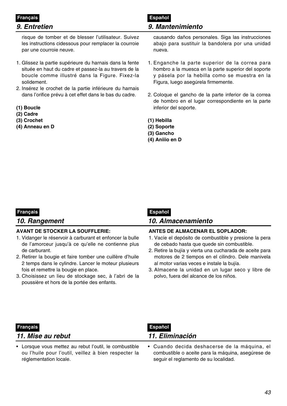 Entretien 9. mantenimiento, Rangement 10. almacenamiento, Mise au rebut 11. eliminación | RedMax EBZ3000RH-CA User Manual | Page 43 / 60