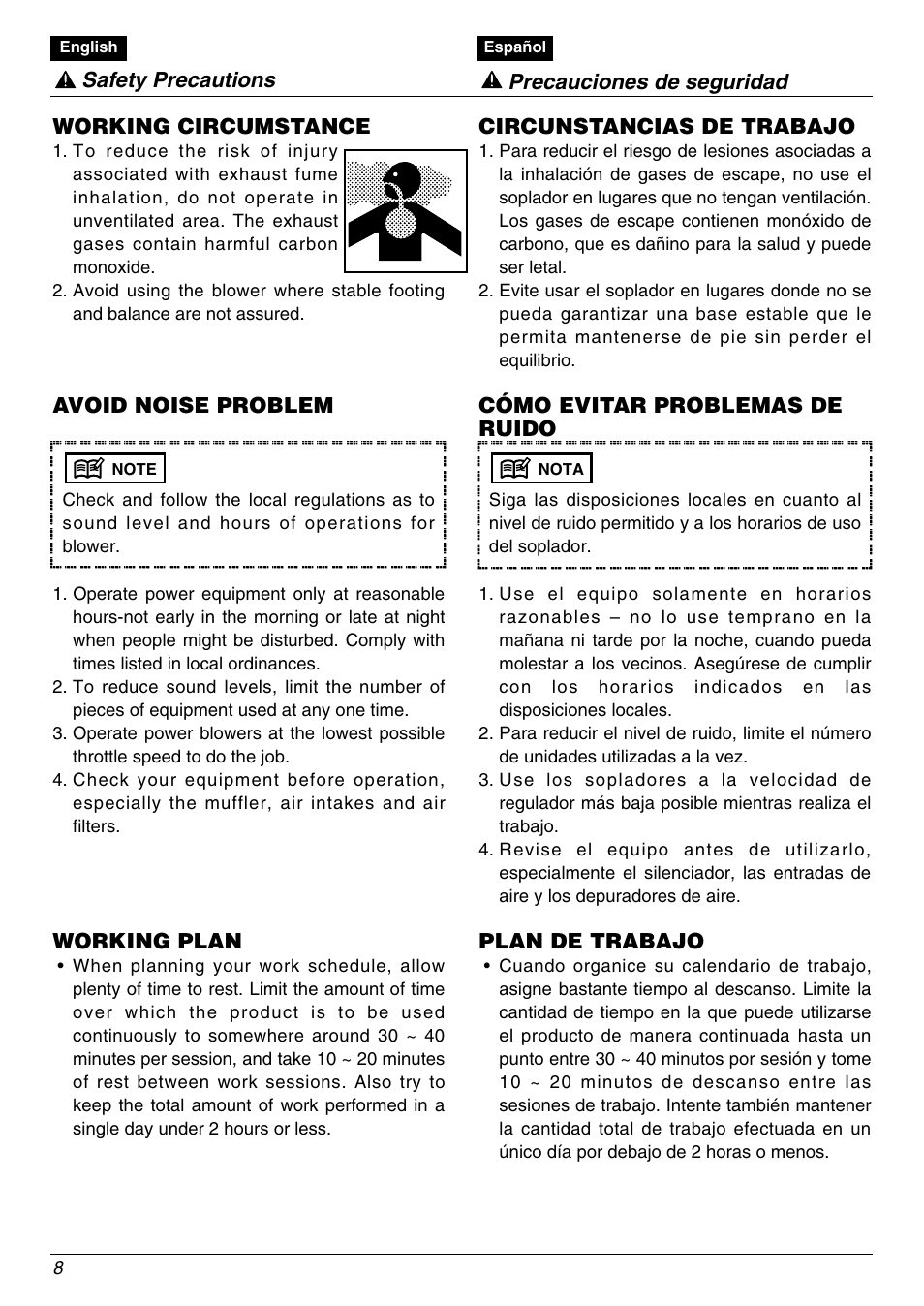 Working circumstance, Avoid noise problem, Working plan | Circunstancias de trabajo, Cómo evitar problemas de ruido, Plan de trabajo, Safety precautions precauciones de seguridad | RedMax EBZ8000 User Manual | Page 8 / 36