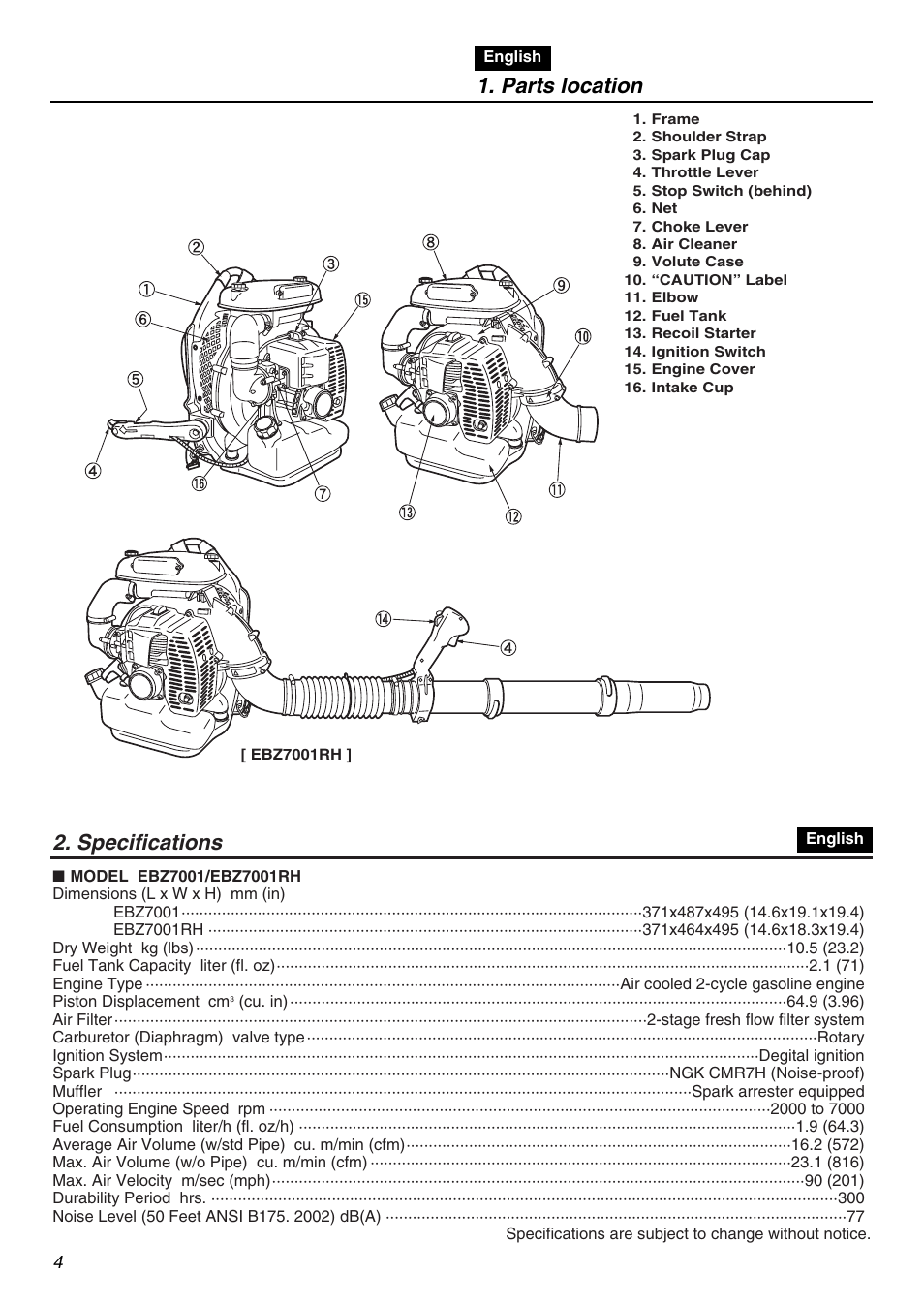 Parts location, Specifications | RedMax EBZ7001RH User Manual | Page 4 / 56