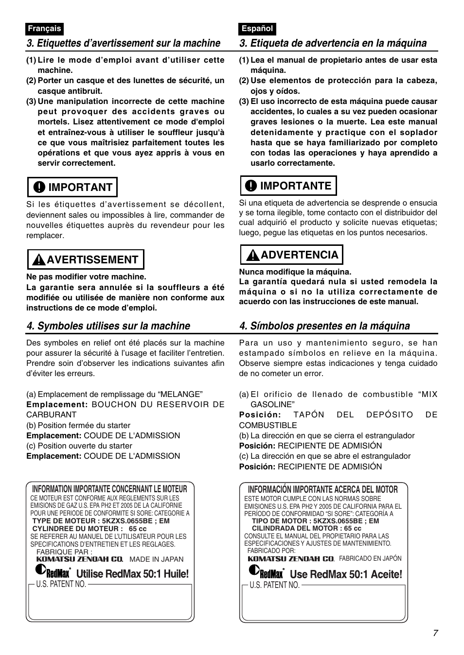 Avertissement important, Advertencia importante | RedMax EBZ7001RH User Manual | Page 7 / 56