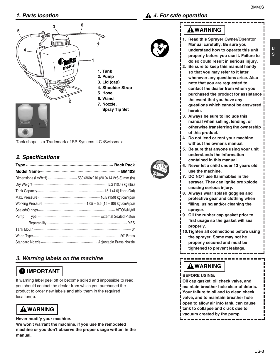 Warning labels on the machine, Warning important, Warning | RedMax BM40S User Manual | Page 3 / 9