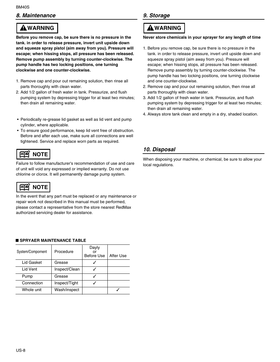 Maintenance 9. storage, Warning 10. disposal | RedMax BM40S User Manual | Page 8 / 9