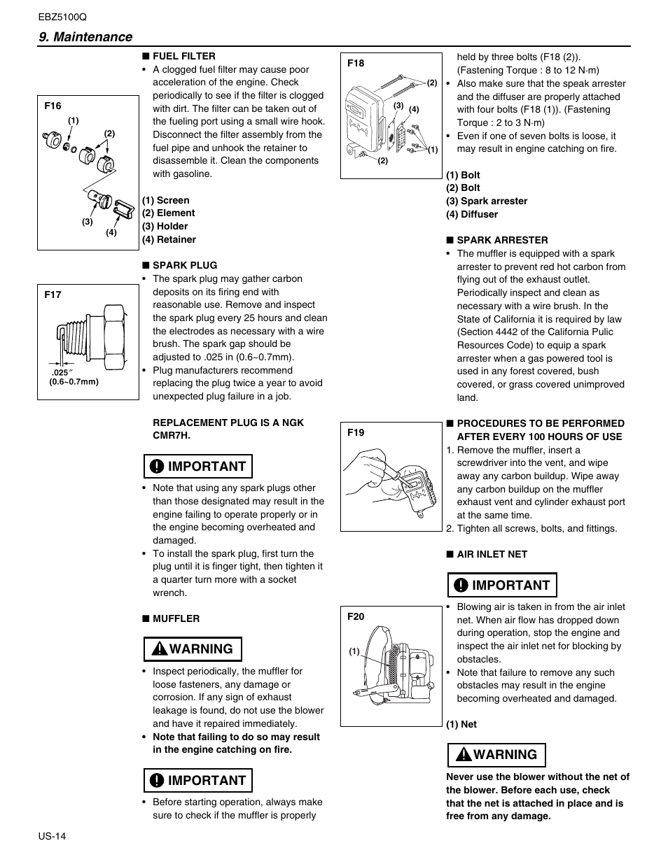 Warning important, Maintenance, Important warning important | RedMax US-1 EBZ5100Q User Manual | Page 14 / 18