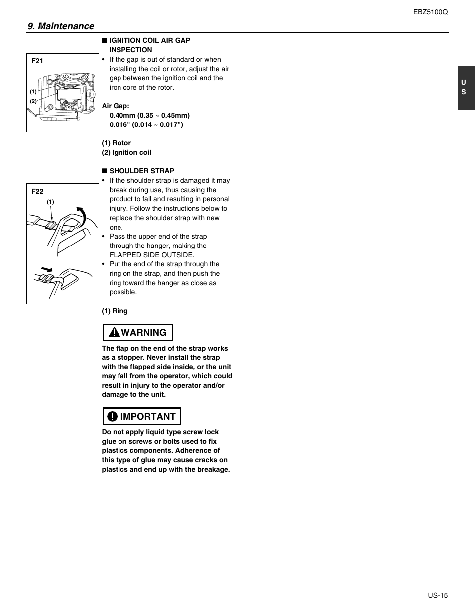 Maintenance, Important warning | RedMax US-1 EBZ5100Q User Manual | Page 15 / 18