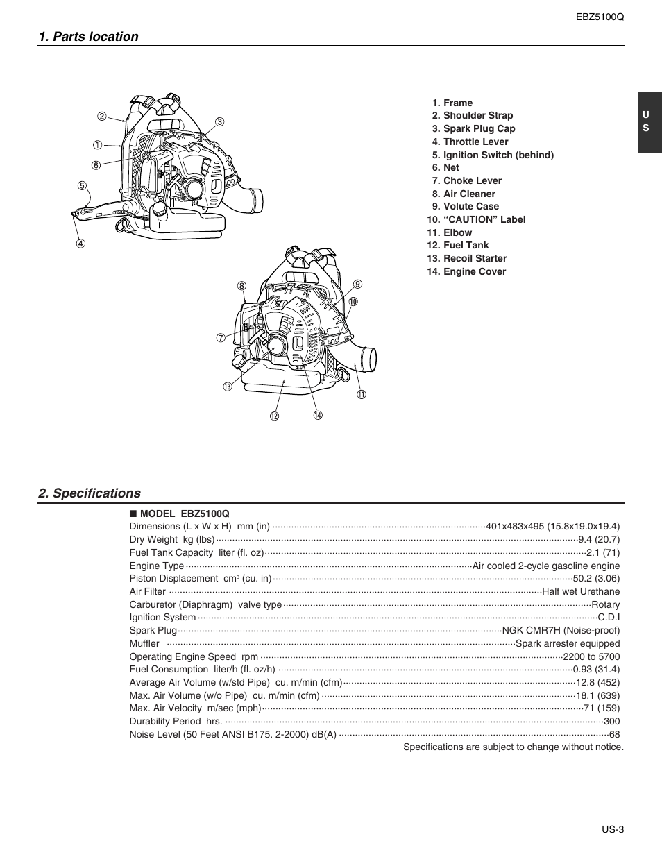 Parts location, Specifications | RedMax US-1 EBZ5100Q User Manual | Page 3 / 18