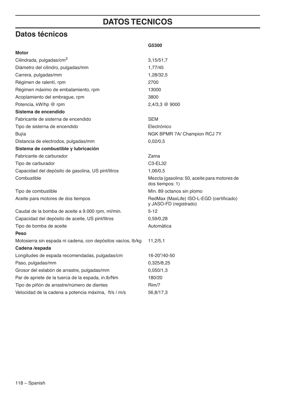 Datos tecnicos, Datos técnicos | RedMax G5300 User Manual | Page 118 / 128