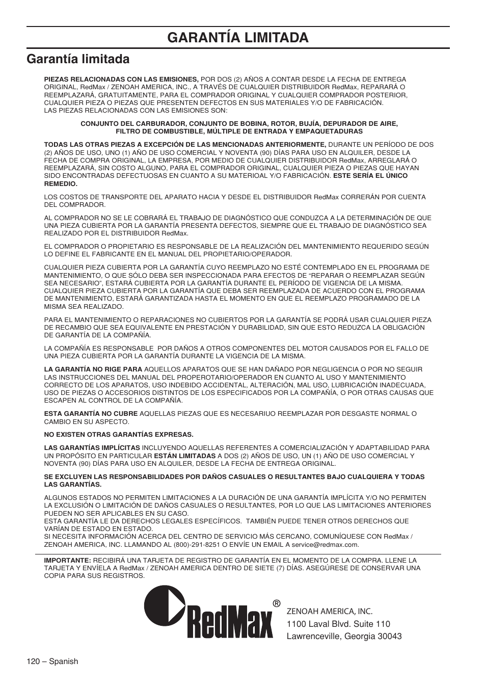 Garantía limitada | RedMax G5300 User Manual | Page 120 / 128