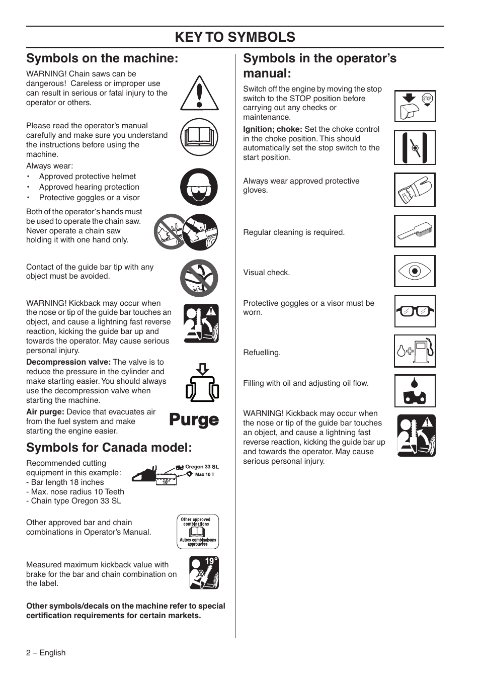 Key t o symbols, Symbols on the mac hine, Symbols f or canada model | Symbols in the operator’ s manual | RedMax G5300 User Manual | Page 2 / 128