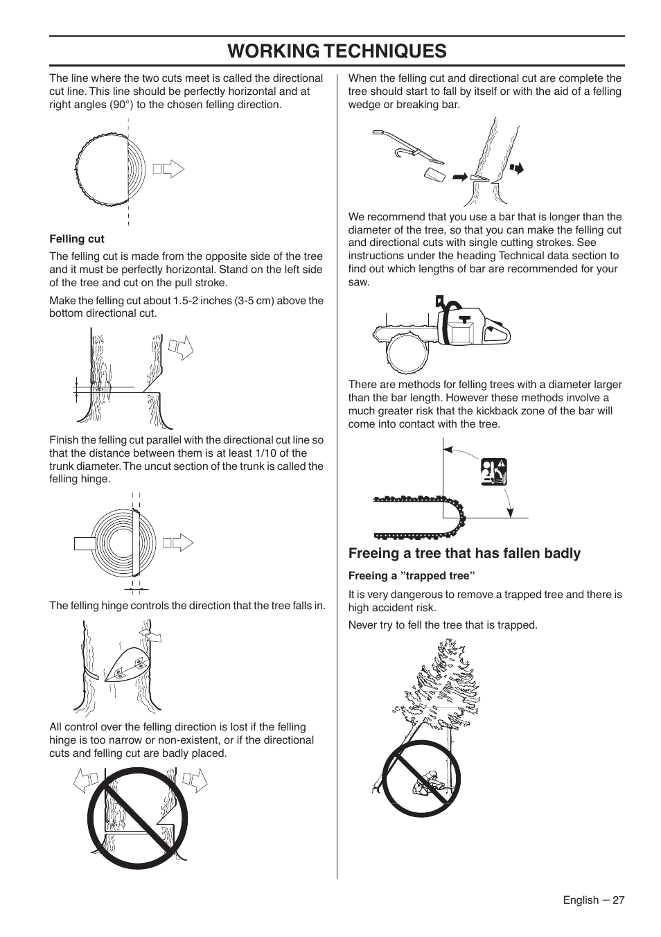 Working techniques, Freeing a tree that has fallen badly | RedMax G5300 User Manual | Page 27 / 128