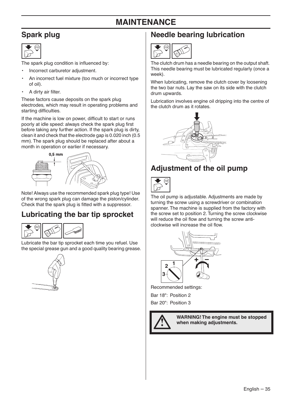 Maintenance, Spark plug, Lubricating the bar tip sprocket | Needle bearing lubrication, Adjustment of the oil pump | RedMax G5300 User Manual | Page 35 / 128