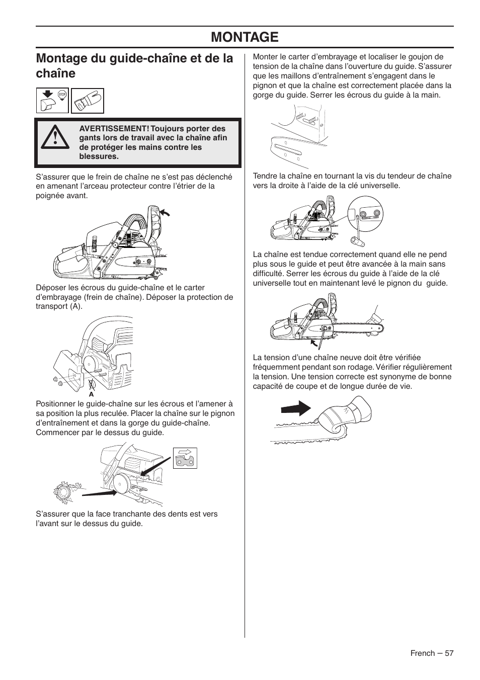 Montage, Montage du guide-chaîne et de la chaîne | RedMax G5300 User Manual | Page 57 / 128
