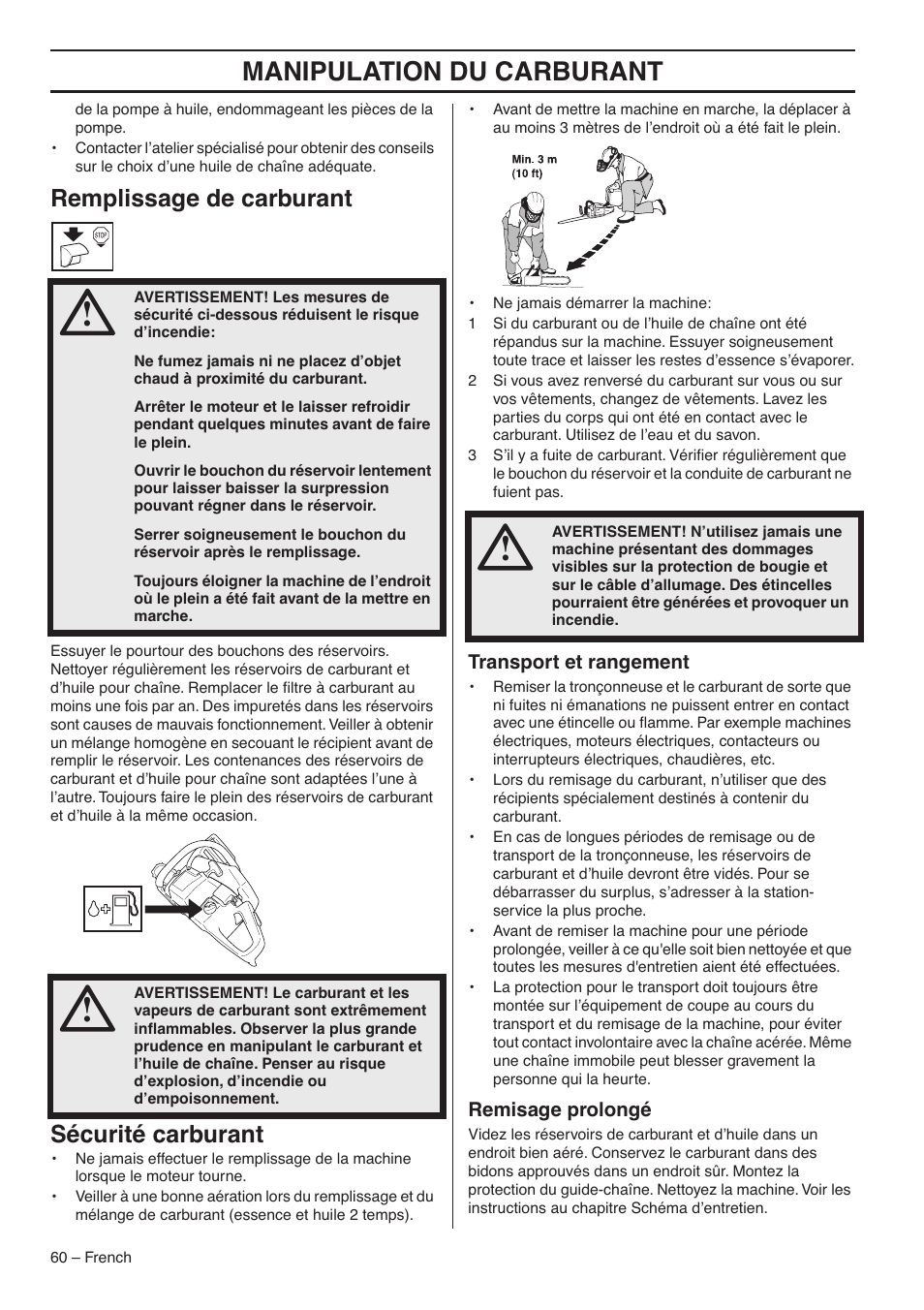 Manipulation du carburant, Remplissage de carburant, Sécurité carburant | RedMax G5300 User Manual | Page 60 / 128