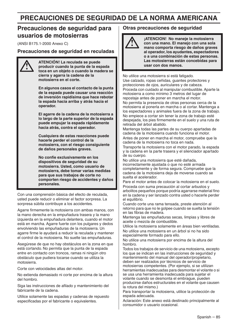 Precauciones de seguridad de la norma americana | RedMax G5300 User Manual | Page 85 / 128
