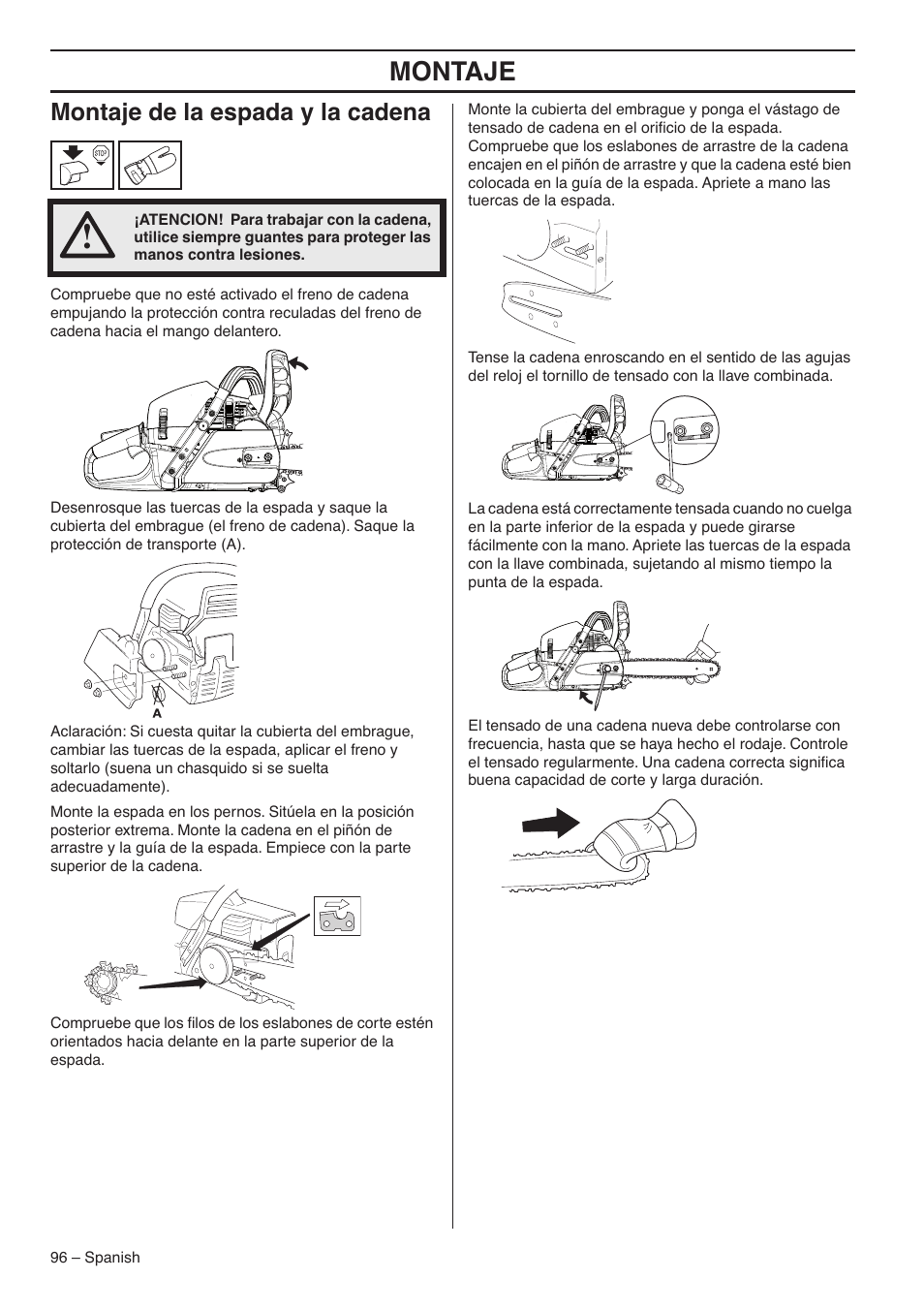 Montaje, Montaje de la espada y la cadena | RedMax G5300 User Manual | Page 96 / 128