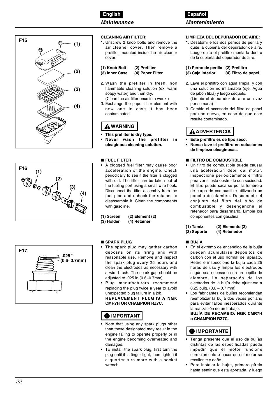 Maintenance, Mantenimiento | RedMax EBZ8000RH User Manual | Page 22 / 36