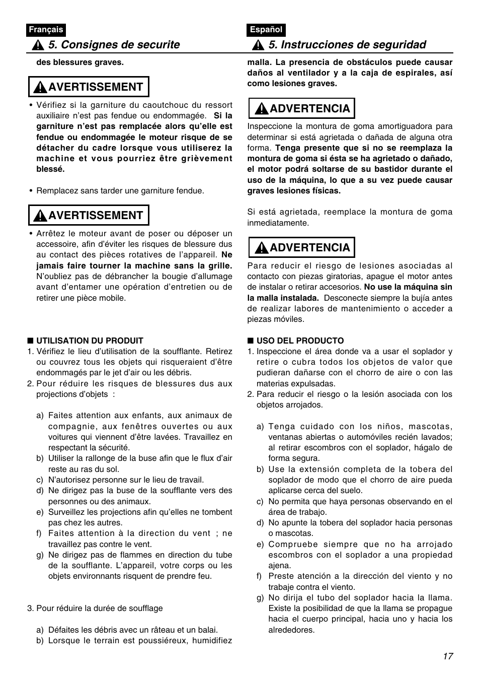 Avertissement, Advertencia | RedMax EBZ5100RH-CA User Manual | Page 17 / 60