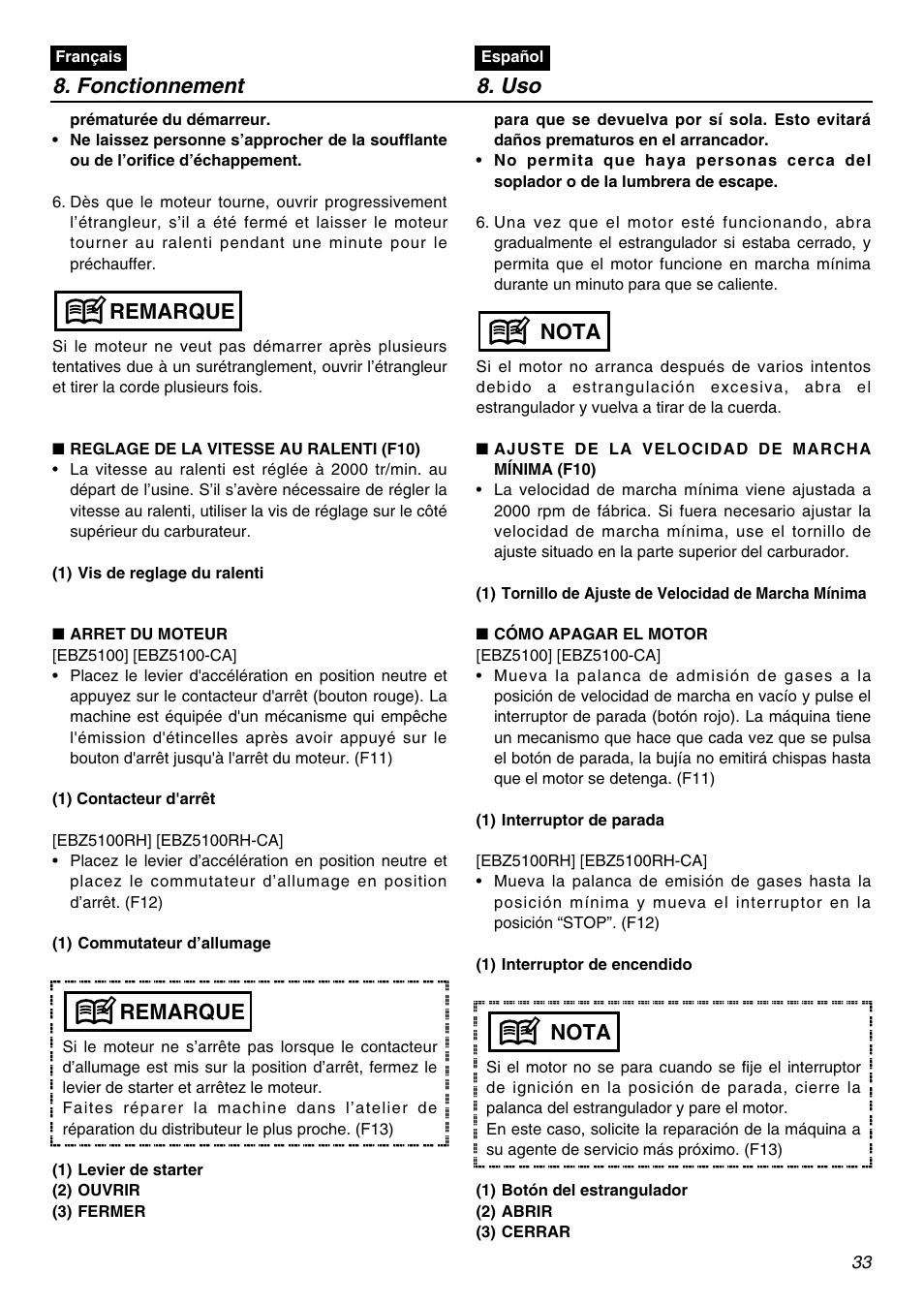 Fonctionnement 8. uso, Remarque, Nota | RedMax EBZ5100RH-CA User Manual | Page 33 / 60