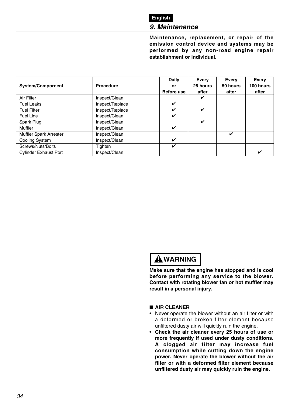 Maintenance, Warning | RedMax EBZ5100RH-CA User Manual | Page 34 / 60